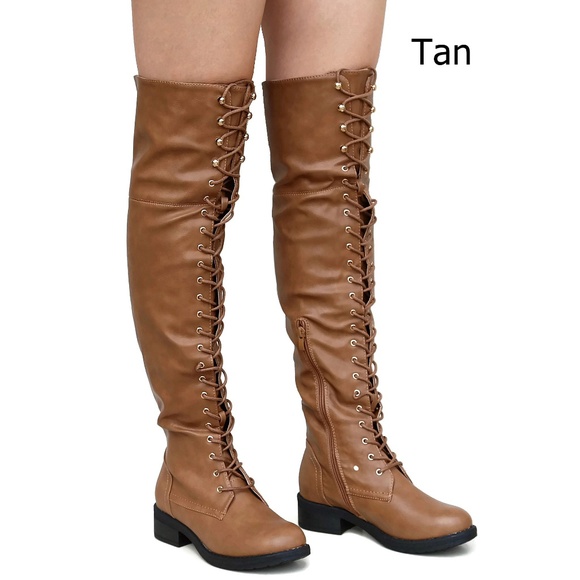 New Tan Over Knee Combat Military Lace Up Boots - Picture 2 of 3